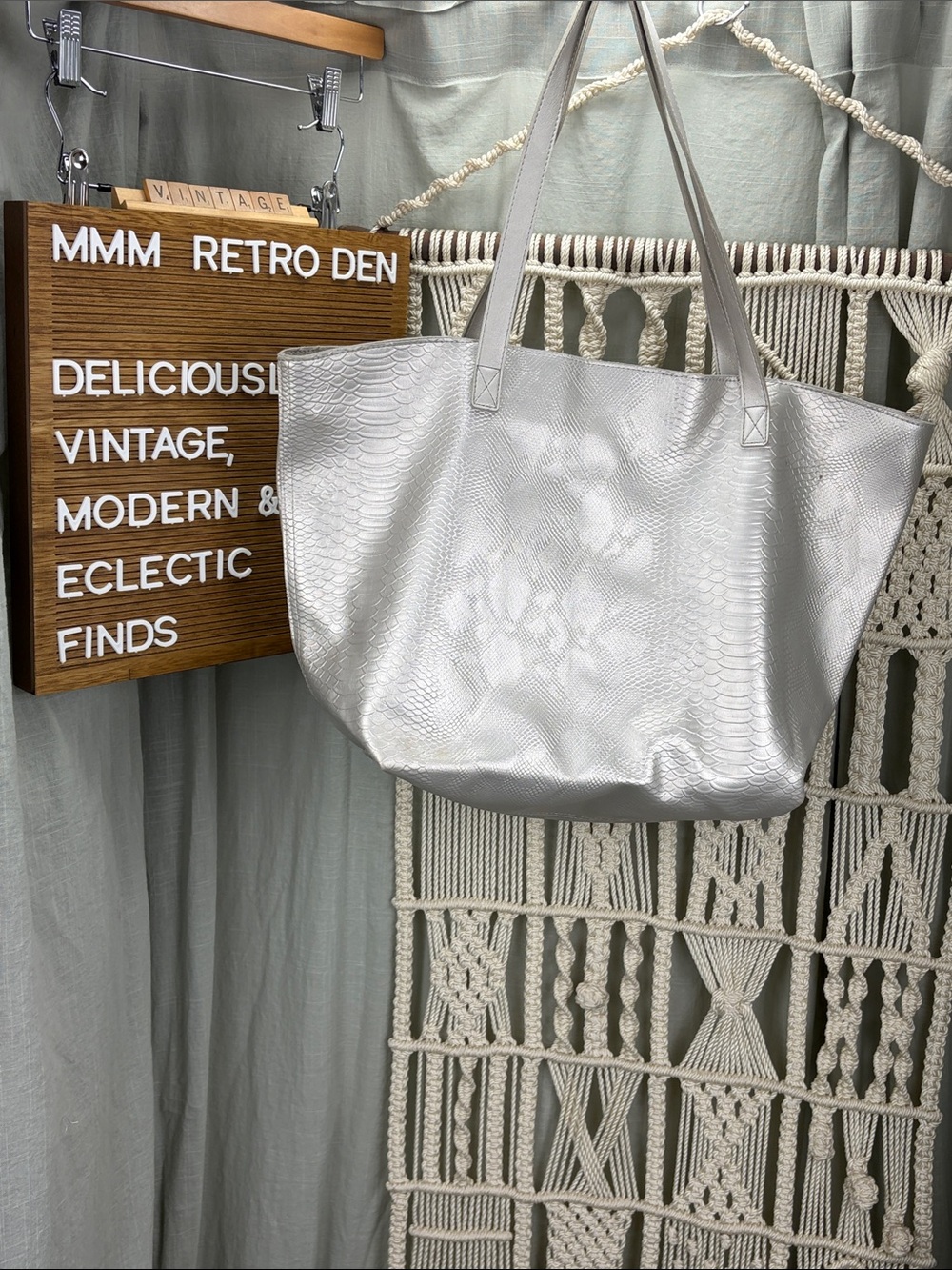Bath & Body Works Metallic Silver Faux Alligator Embossed Tote